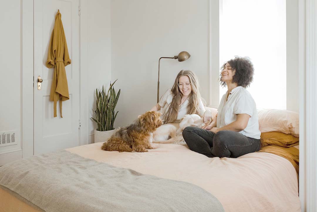Friends and a dog sitting on a bed